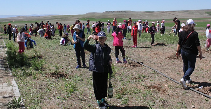 ÇORUM’UN SUNGURLU İLÇESİNDE TEMA VAKFI VE YAVUZ SELİM İLKOKULU ÖĞRENCİLERİ İŞBİRLİĞİNDE 200 FİDAN TOPRAKLA BULUŞTURULDU. (M. MUTTALİP YALÇIN/ÇORUM-İHA)
