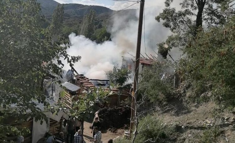 Köydeki yangında 2 ev ve 1 ahır yandı