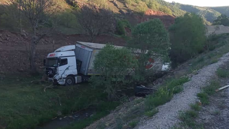 Yoldan çıkan tır dereye uçtu