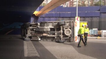 Üst geçide çarpan kamyonet devrildi