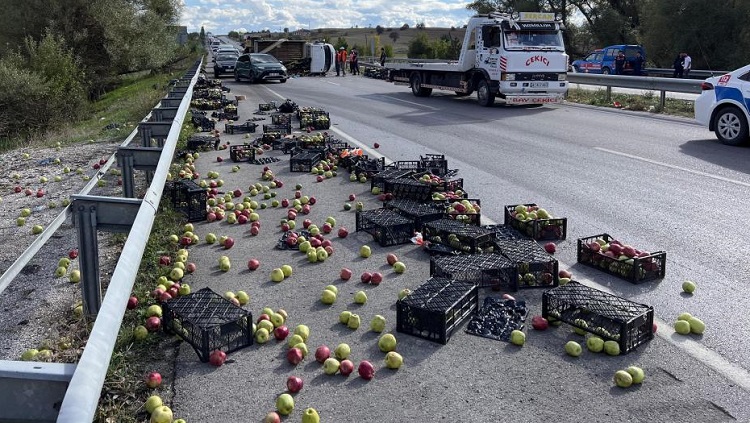 Kamyonet devrildi elmalar yola saçıldı