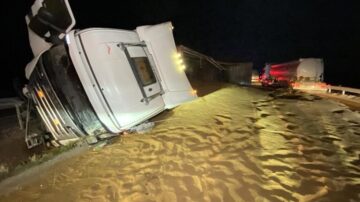 Tır devrildi hayvan yemi yolu kapattı